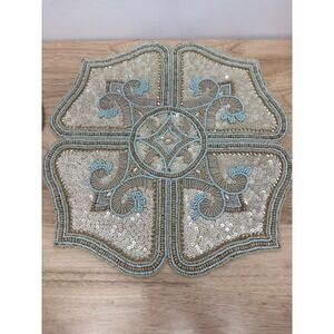 Beaded Placemats Medallion Lot Of 2 New 15.5." Silver Blue Bed Bath & Beyond #24